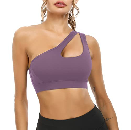 Sykooria Women's Removable Padded One Shoulder Sports Bra Yoga Crop Tops Activewear Purple Gray | Amazon (US)