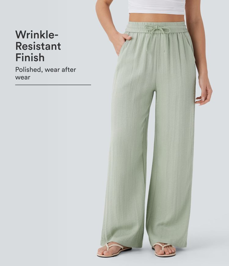 Women\u2019s High Waisted Drawstring Pocket Wide Leg Baggy Casual Linen-Feel Pants - Halara | HALARA