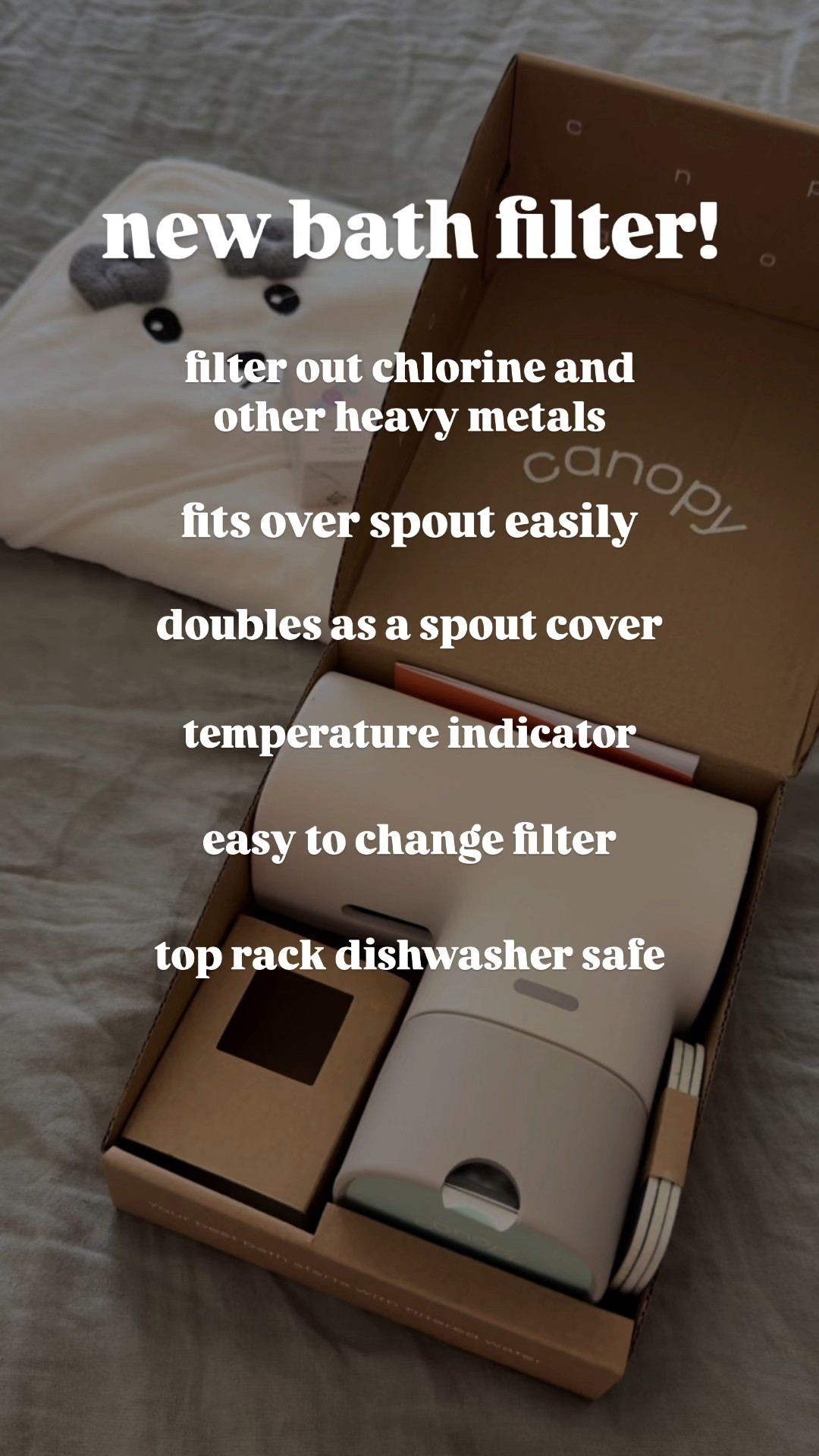 Say goodbye to harsh bath water with this genius bath filter! 🌊✨ It filters out chlorine and heavy metals, fits right over your spout, and even doubles as a soft spout cover to protect little heads. With a built-in temperature indicator, easy-to-change filter, and top rack dishwasher-safe design, it’s a must-have for baby baths and family tubs alike. #BathtimeEssentials #MomHack #BathFilter #NonToxicLiving #CanopyFilter 

#LTKKids #LTKFamily #LTKBaby