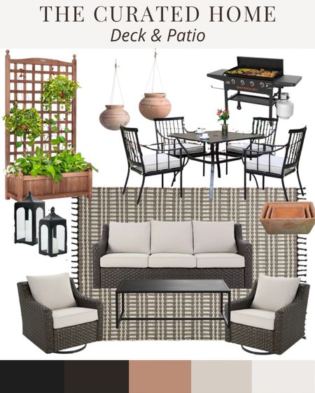 Neutral deck and patio furniture and decor, outdoor furniture, outdoor rug, tall lattice planter, trellis, patio set, outdoor dining set, grill, terracotta planters

#LTKhome #LTKstyletip #LTKSeasonal
