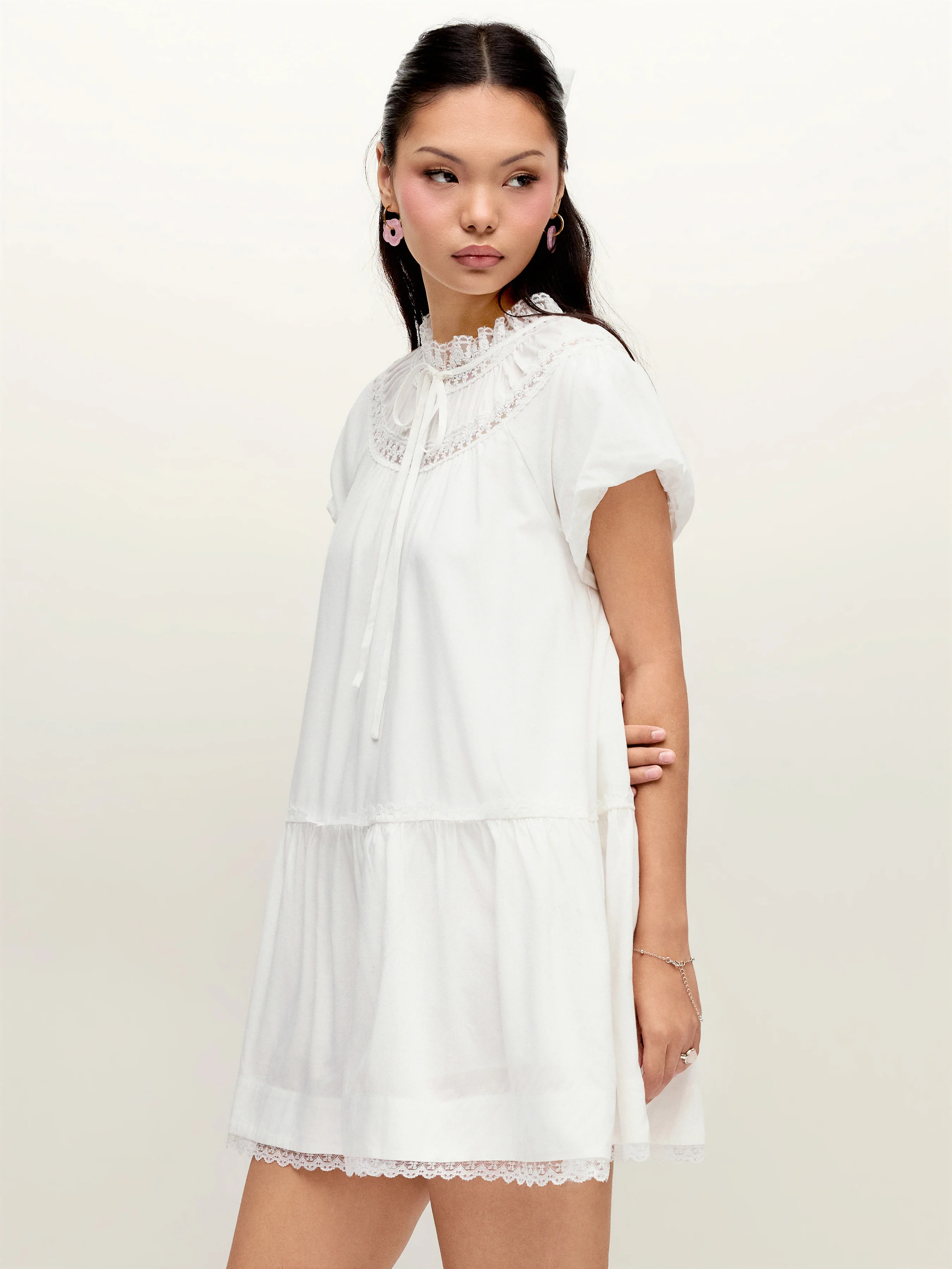 Linen-blend Turtleneck Puff Sleeve Lace Trim Oversized Smock Mini Dress | Cider