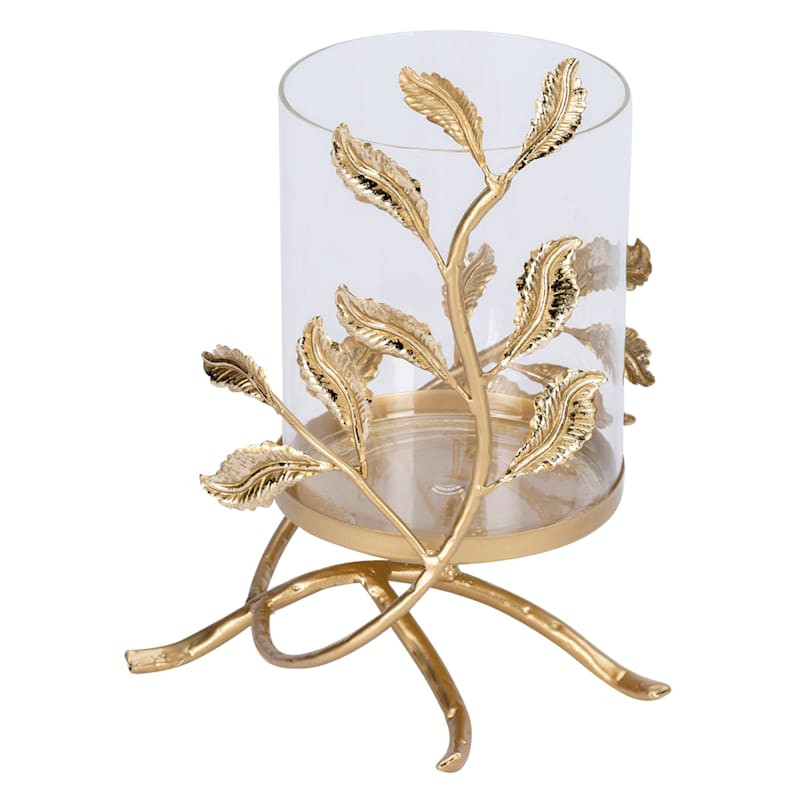 Gold Metal Leaves & Glass Candle Holder, 10" | At Home