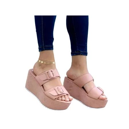 Daeful Women s Slides Double Strap Buckle Cork Footbed Platform Sandal Casual Flip Flop | Walmart (US)