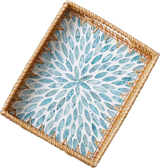 i-lan 14 Inch Rectangular Rattan Serving Tray with Light Blue Mother of Pearl Inlay - Wooden Base... | Amazon (US)