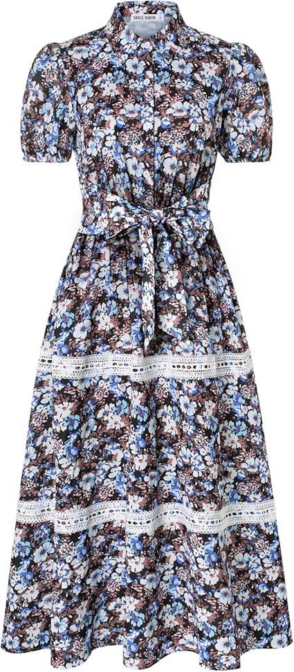 GRACE KARIN Women's 2026 Summer Floral Flowy Dresses Boho Tie Belt Short Puff Sleeve A Line Maxi ... | Amazon (US)