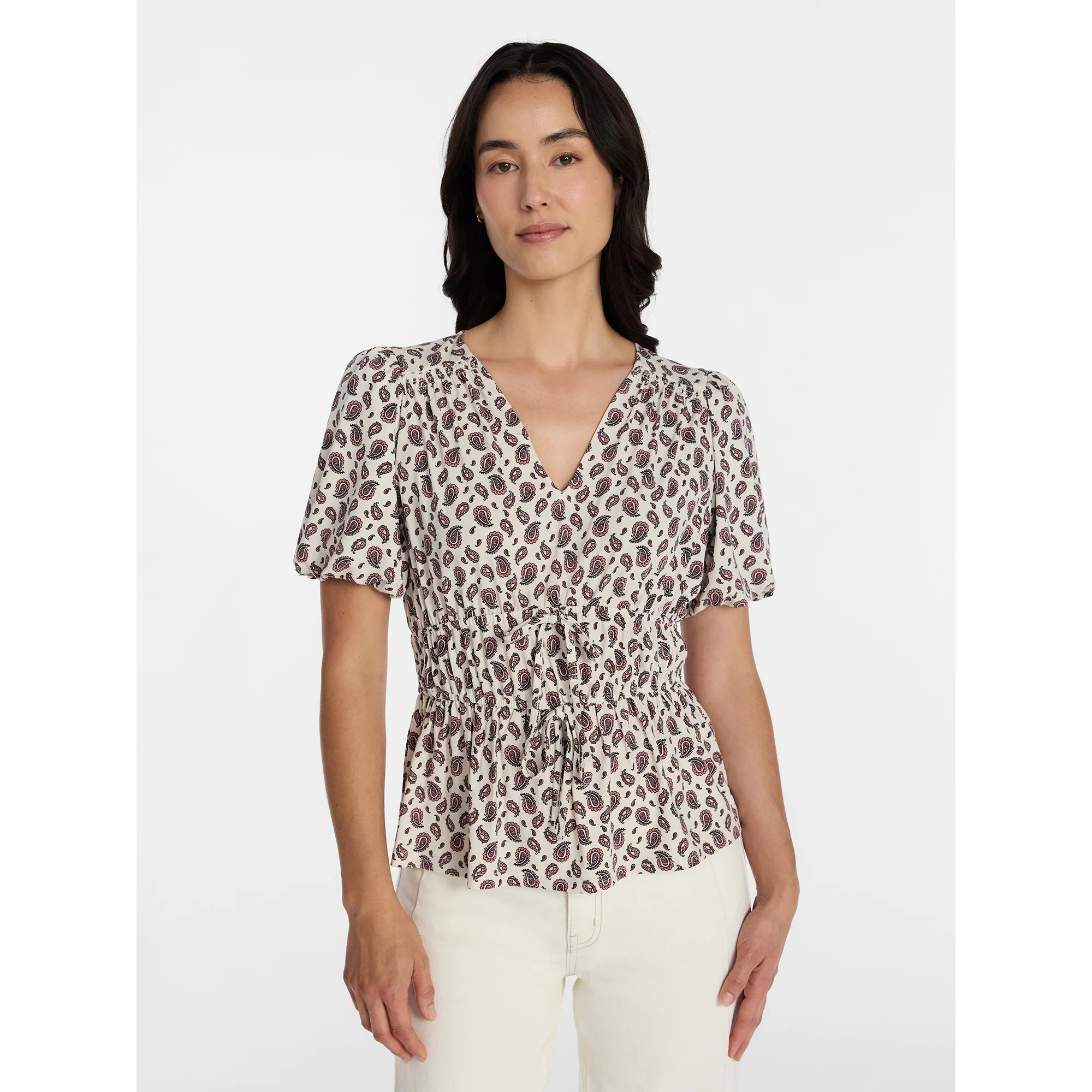 Time and Tru Women's and Women's Plus V Neck Shirred Peplum Top, Sizes XS-XXXL | Walmart (US)