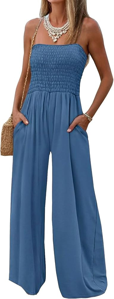AUXDIO Womens Casual Strapless Summer Jumpsuits Loose Off Shoulder Smocked Sleeveless Wide Leg Ro... | Amazon (US)