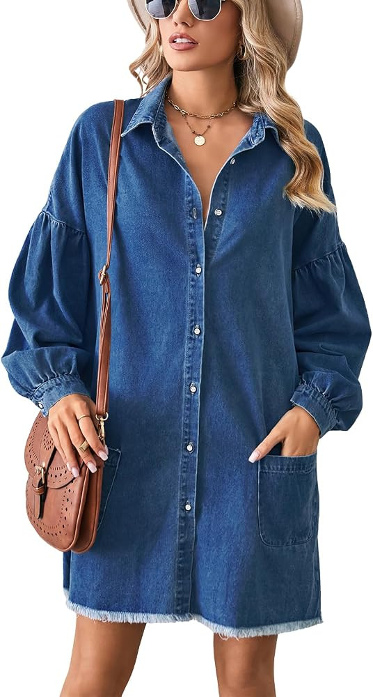 Women's Oversized Denim Shirt Dress Button Up Lantern Long Sleeve Distressed Tiered Frayed Hem Mi... | Amazon (US)