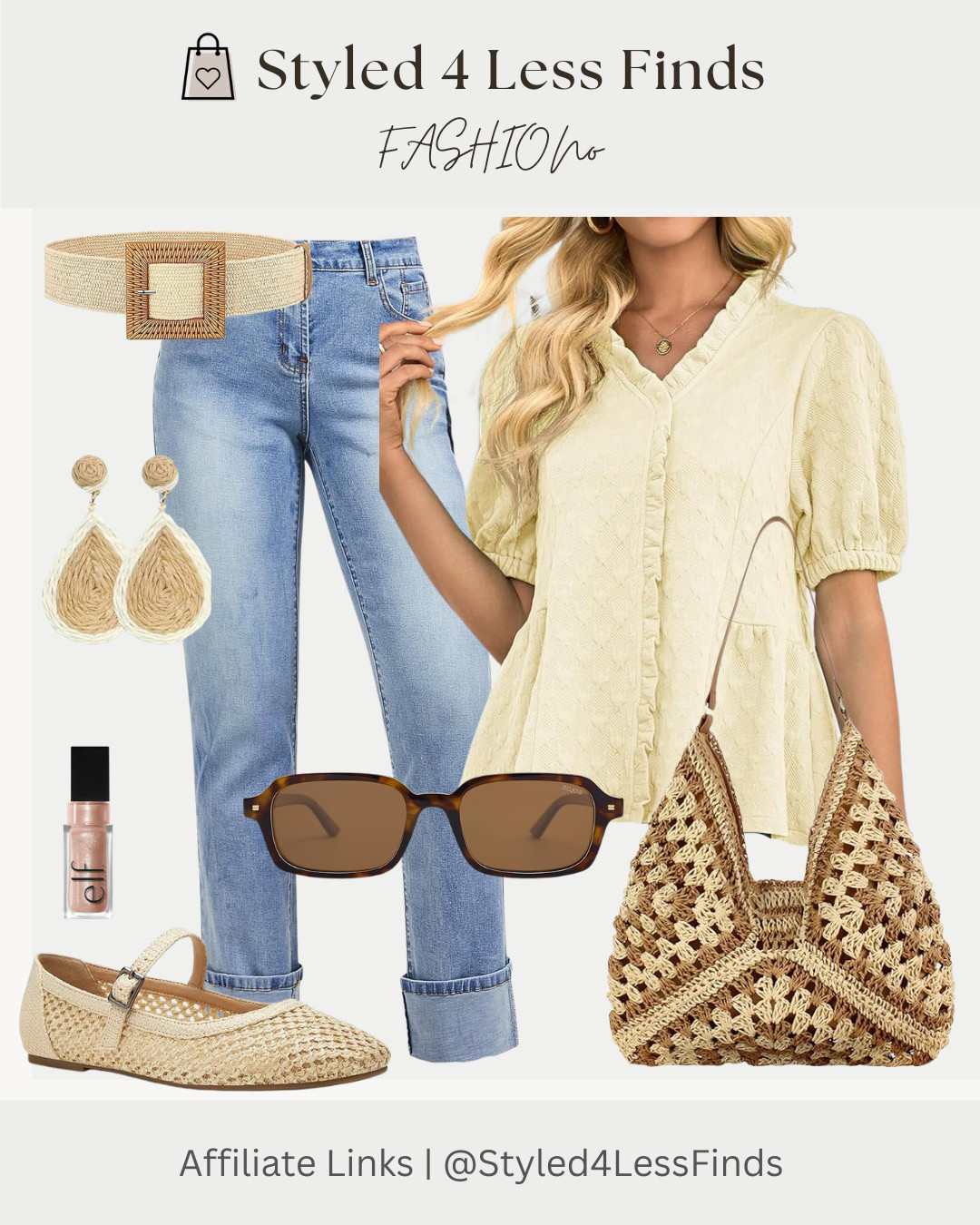 Spring neutrals done right 🤍✨ Loving this sweet textured top paired with easy denim and woven accessories — the perfect everyday look. 

 #LTKcanada #LTKjeans #LTKover50style