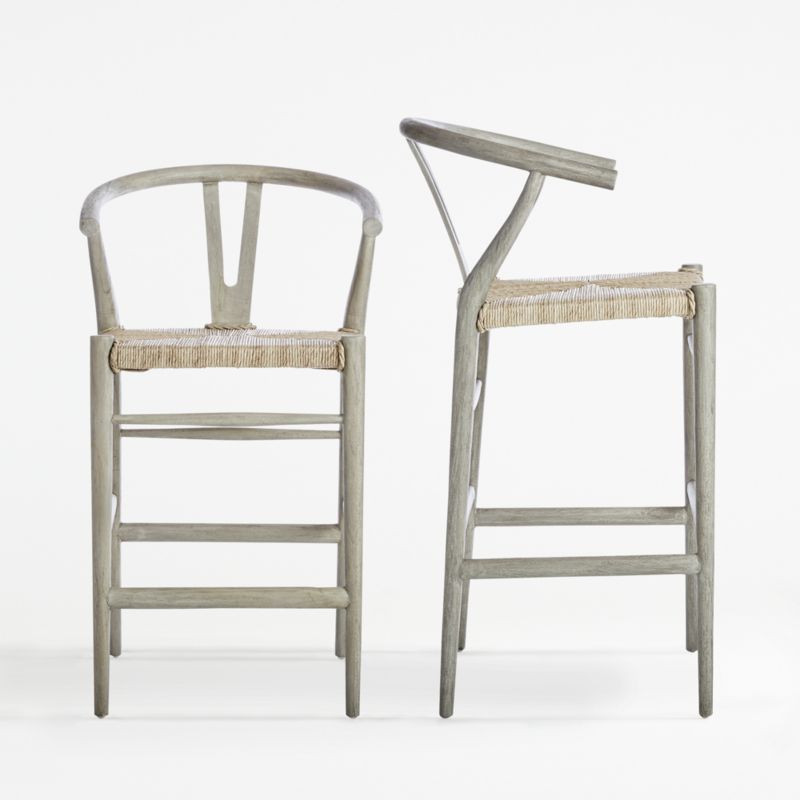 Crescent Weathered Grey Rush Seat Bar Stools | Crate and Barrel | Crate & Barrel