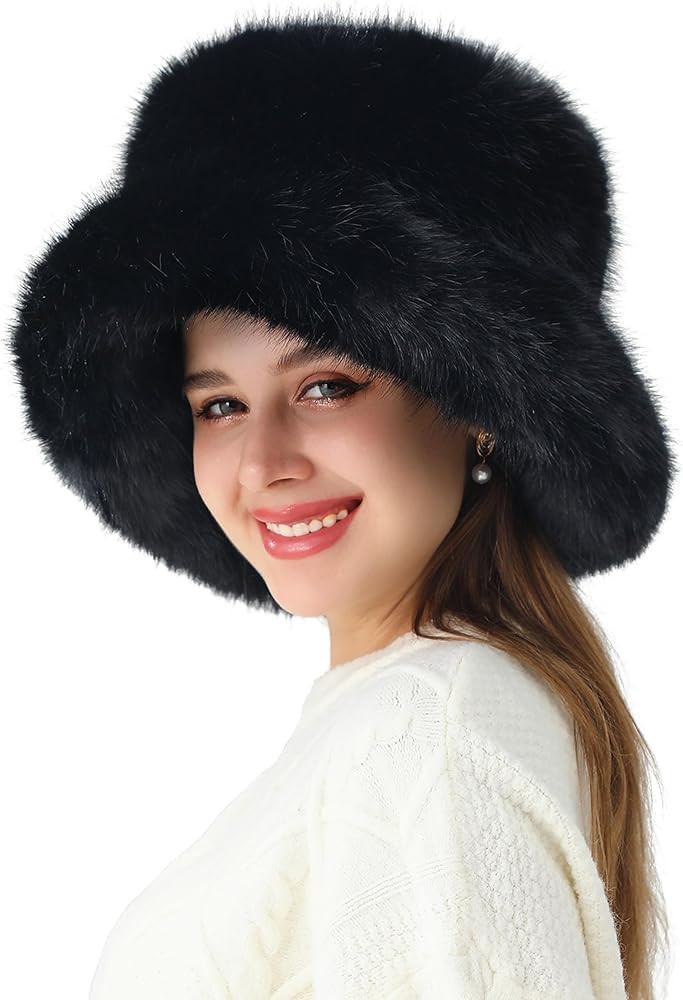 LA CARRIE Women's Fuzzy Wide Brim Faux Fur Bucket Hat Winter Warmer Fisherman Cap | Amazon (US)
