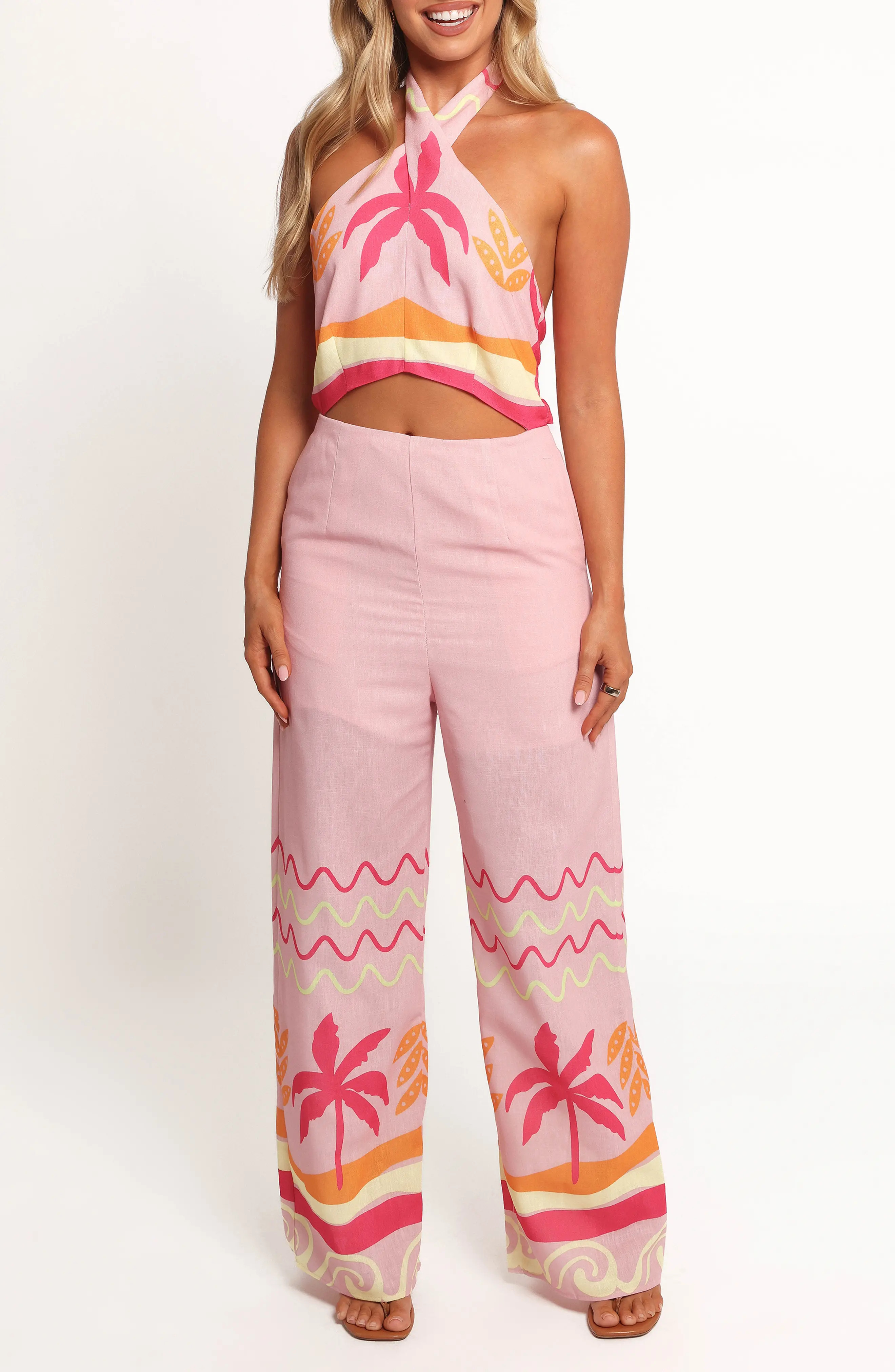 Petal & Pup Aryn Halter Jumpsuit in Pink Palm at Nordstrom, Size Medium | Nordstrom
