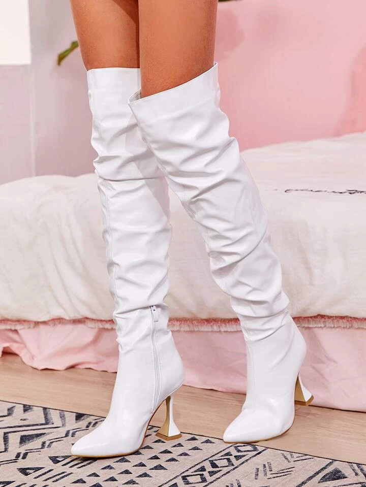 SHEIN SXY Women White Zip Side Over Knee Boots, Point Toe High Heel Slouchy Boots | SHEIN