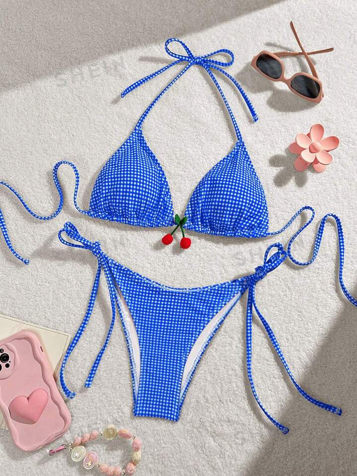 SHEIN Swim Summer Beach Plaid Print V-Neck Halter Neck Bikini Set, Separates | SHEIN USA | SHEIN
