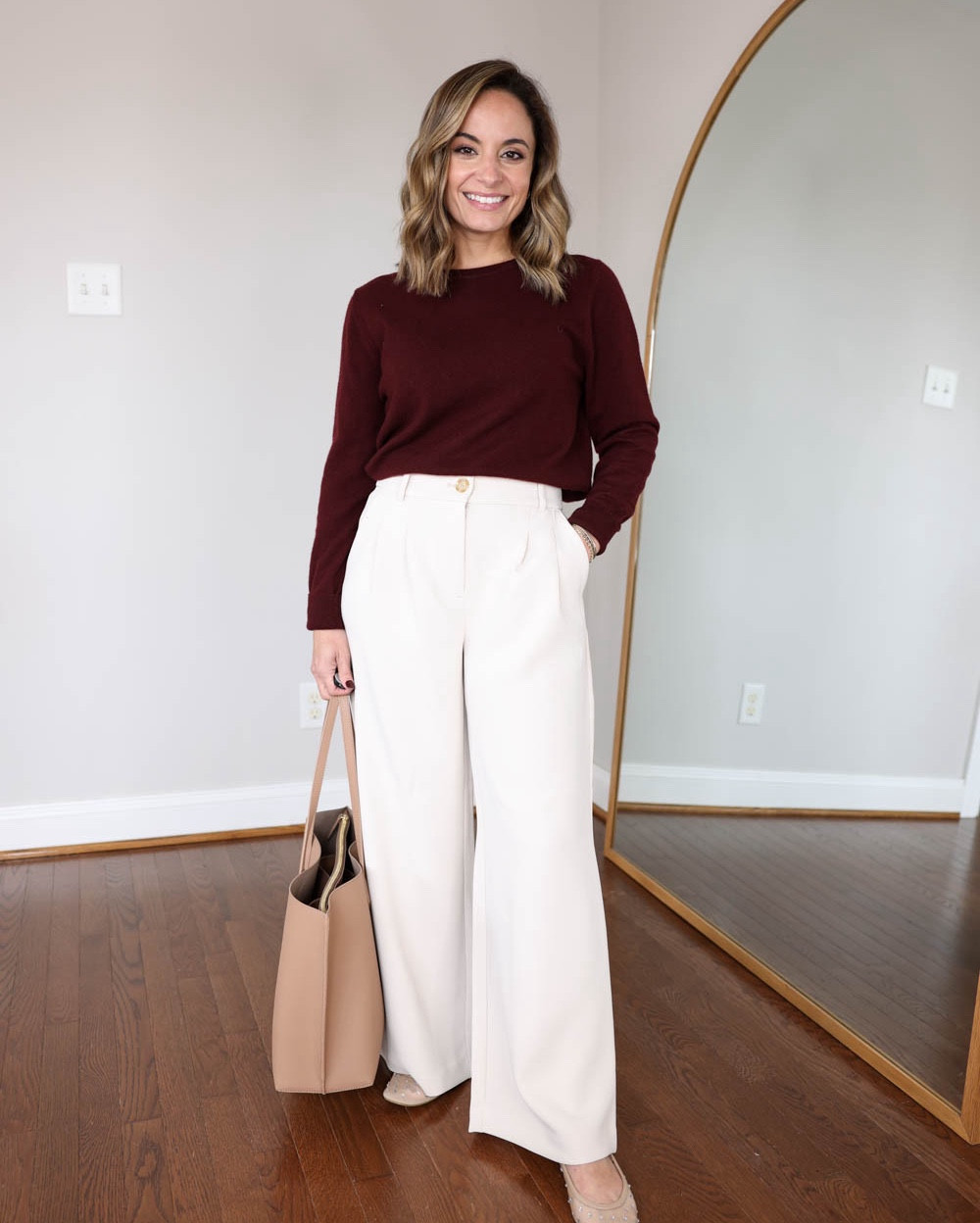 3 petite-friendly burgundy tops for work!

Outfit 1:
Cream pants  (LOFT): petite 00 - tts 11.5” rise 27” inseam on their website, I measured 26.5” on my size
Burgundy crewneck (quince): xs
Shoes: tts 

Outfit 2:
Pants (aritzia): 0 shorter - 11” rise, 28” inseam. I’m wearing knee-high boots with them.
Burgundy top (Madewell): xxs
Belt (aritzia): xs - a little long, I secured the end with a clear hair tie
Shoes: tts 

Outfit 3:
Taupe pants (Abercrombie): 24 short - tts 11.5” rise 28” inseam
Burgundy wrap sweater (aritzia): xxs - I pinned the top
Belt (edited pieces): xxs
Shoes: tts 

My measurements for reference: 4’10” 105lbs bust, waist, hips 32”, 24”, 35” size 5 shoe. 25” inseam measurement to my ankle bone.

#LTKHoliday #LTKCyberWeek #LTKStyleTip