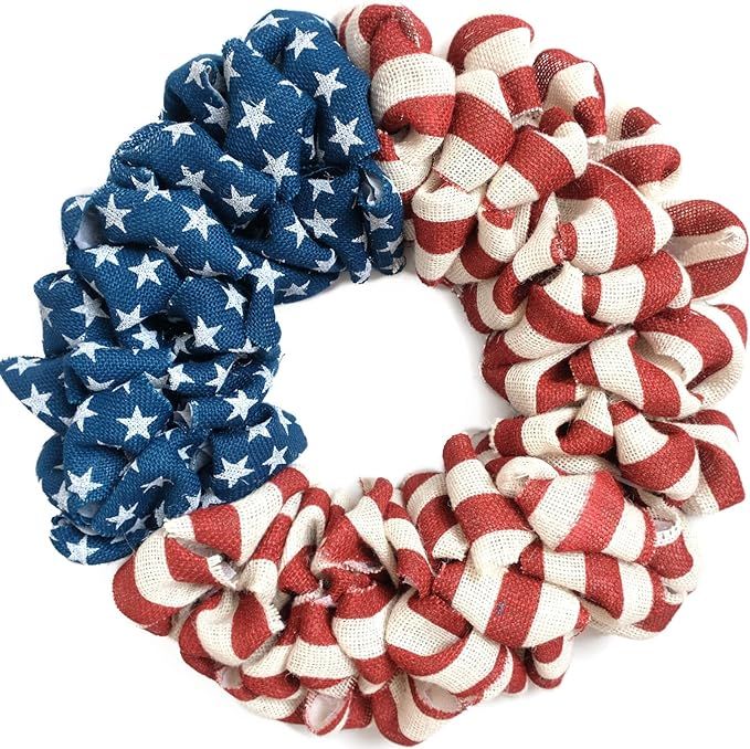 20Inch Patriotic Burlap Wreath, 4th of July Summer Burlap Stripe and Stars Printed Wreath for The... | Amazon (US)