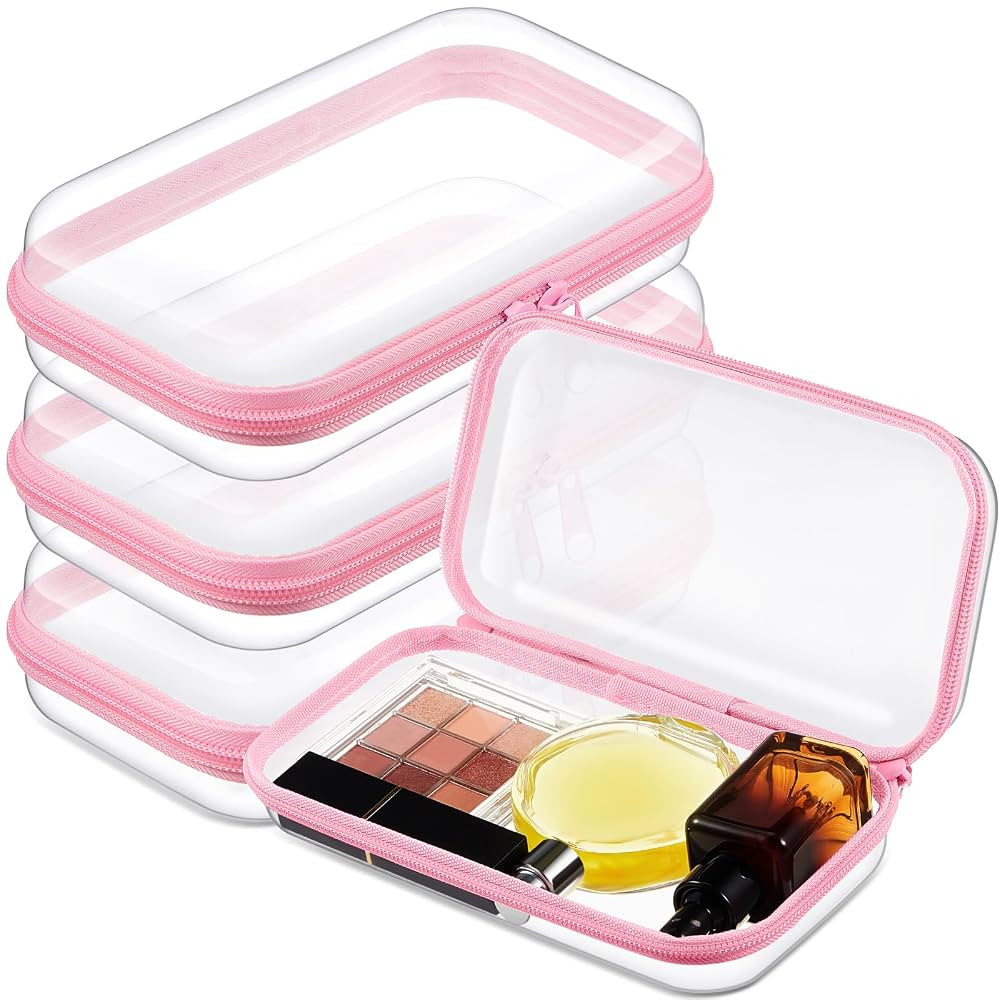 Hoolerry 3 Pcs Clear Hard Zipper Case Plastic Pouch Transparent Hard Case Clear Makeup Bag Portable Travel Organizer Bin for Cosmetics, Building Blocks, Puzzles(Pink,S) | Amazon (US)