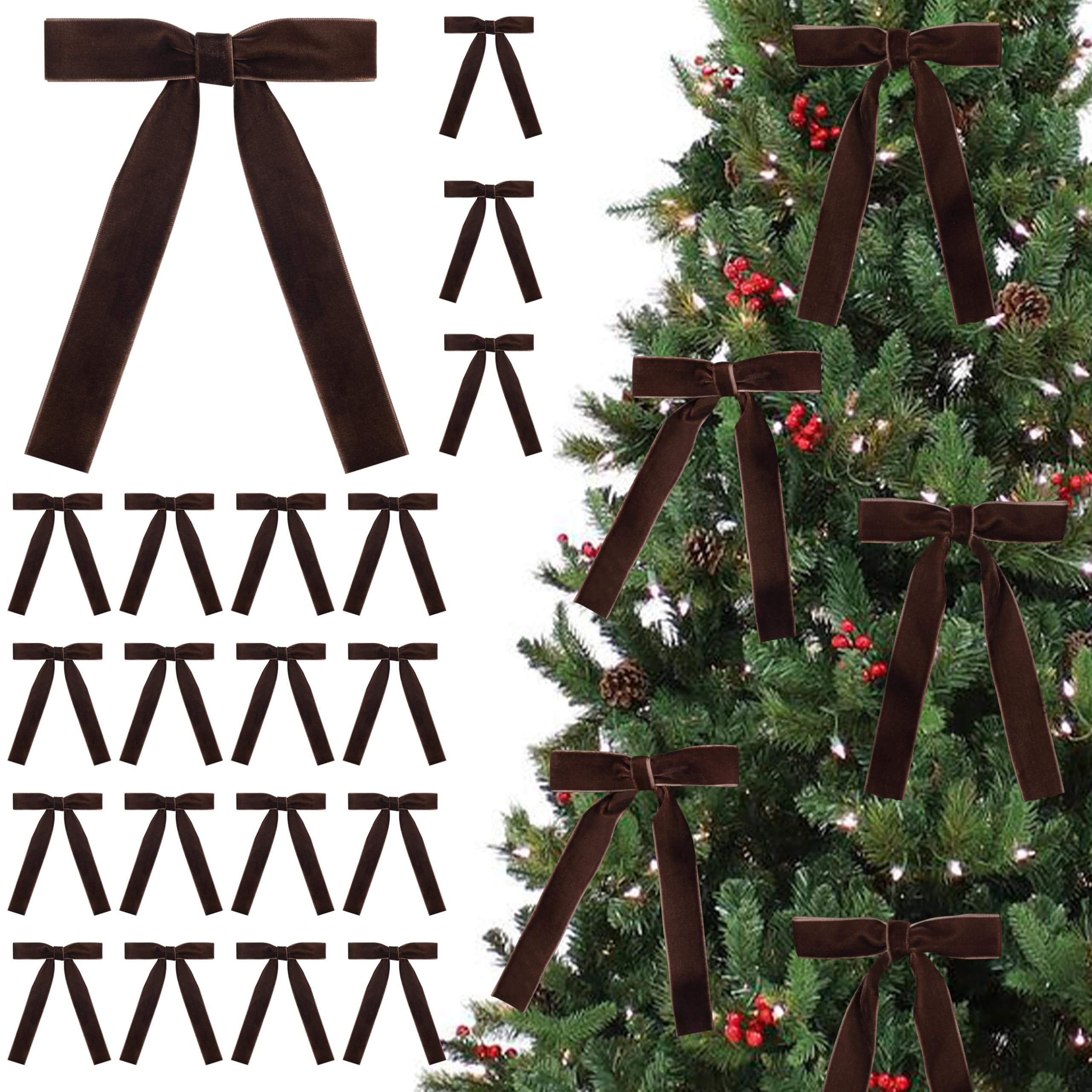 SIMISI RIBBON 24 Pcs Brown Velvet Bows Christmas Tree Ornaments Vintage Ribbon Bow for Tree Garla... | Amazon (US)