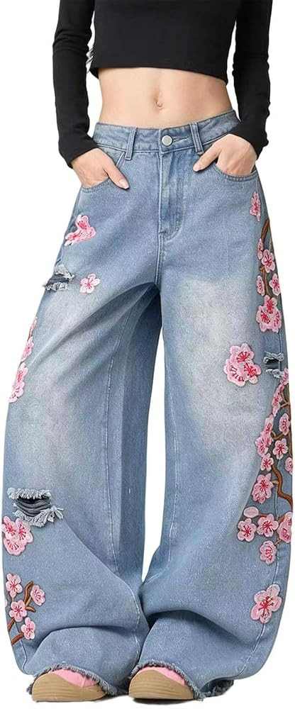 Baggy Women\u2019s Wide Leg Jeans High Waisted Baggy Denim Pants Loose Fit Y2K Graphic Jeans Blac... | Amazon (US)