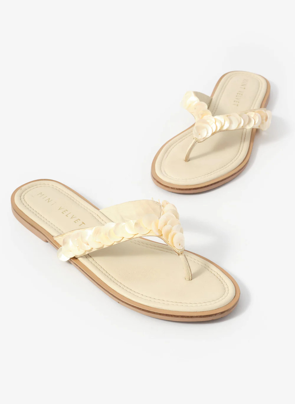Freya Cream Pearl Detail Flip Flop Sandals | Mint Velvet