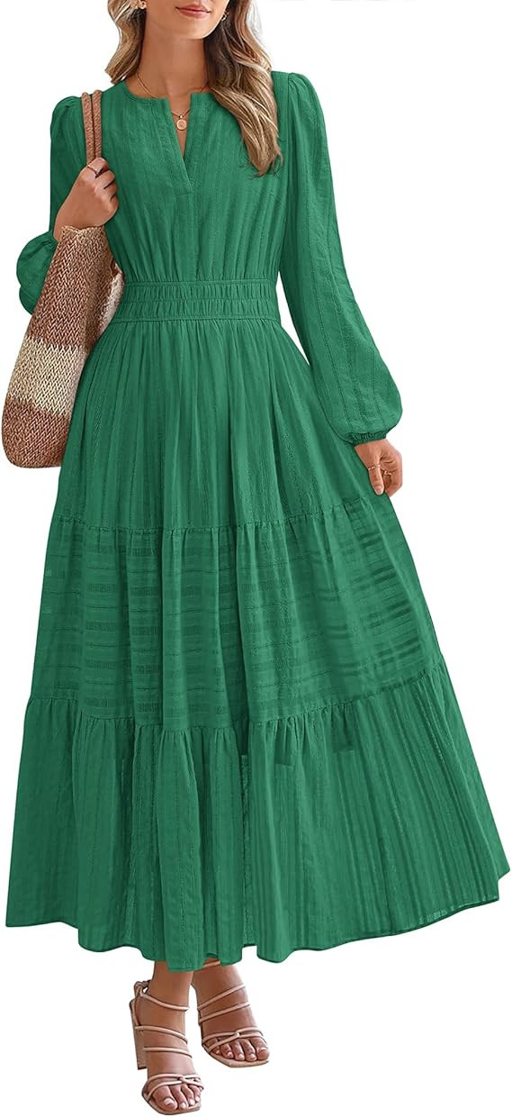 BTFBM Fall Dresses for Women 2026 Casual Long Sleeve V Neck Elastic Waist Lightweight Maxi Weddin... | Amazon (US)