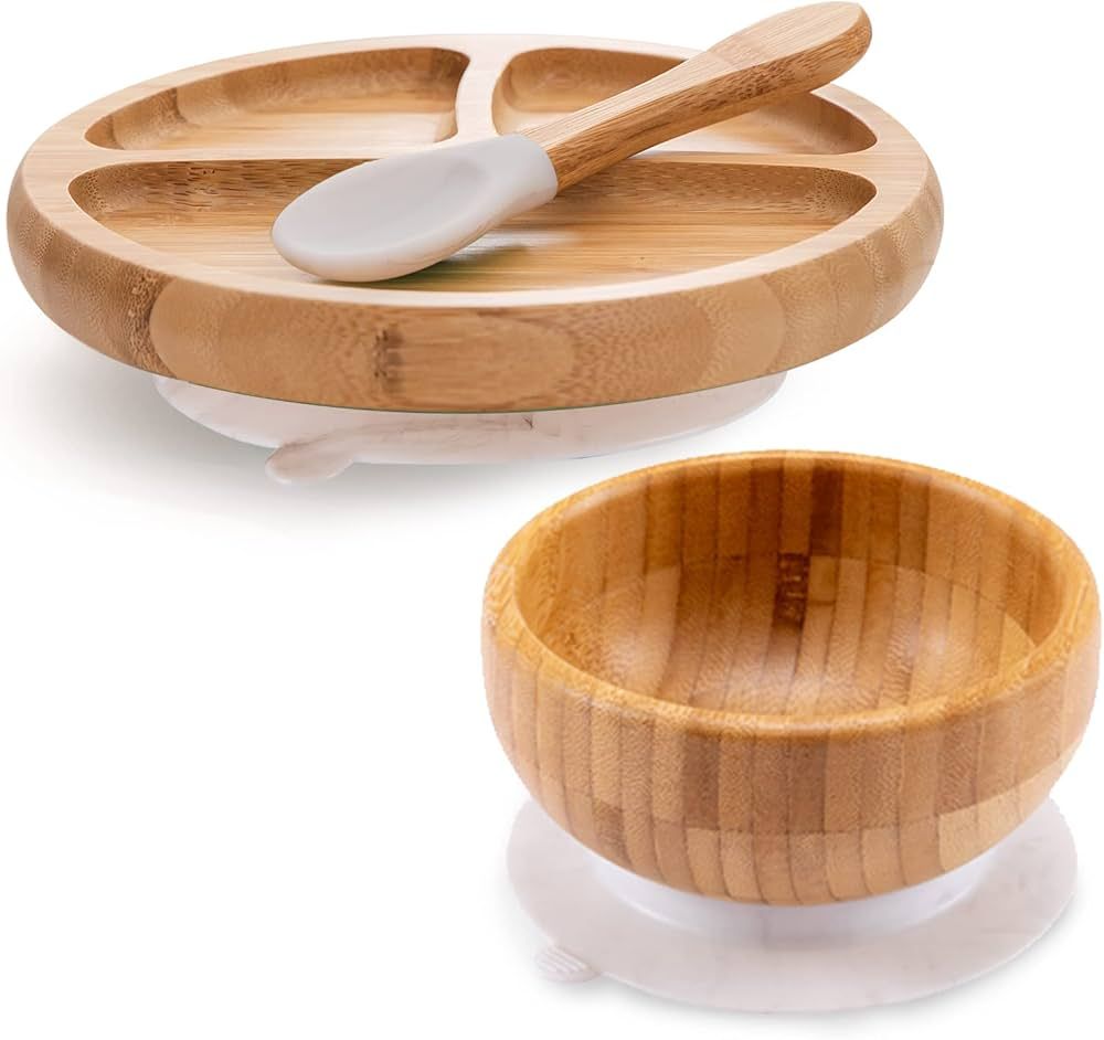 Baby Divided Bamboo Plates, Bowls with Suction and Matching Spoon Set - 3 Piece Feeding Supplies ... | Amazon (US)