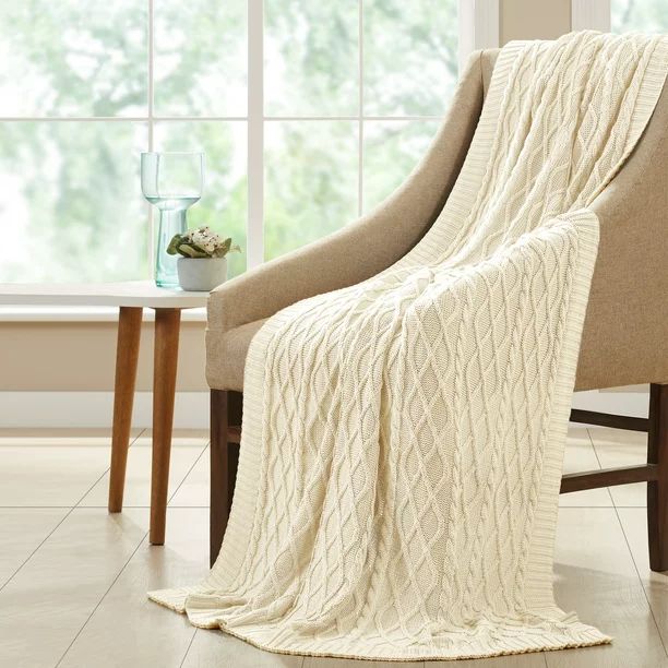 Amrapur Oversized Cable Knit Diamond 100% Cotton Throw Blanket, 50" x 70", Antique White | Walmart (US)