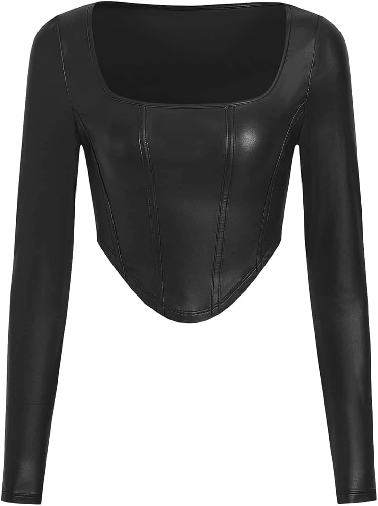 Verdusa Women's Square Neck Asymmetrical Hem PU Leather Crop Tee Tops | Amazon (US)