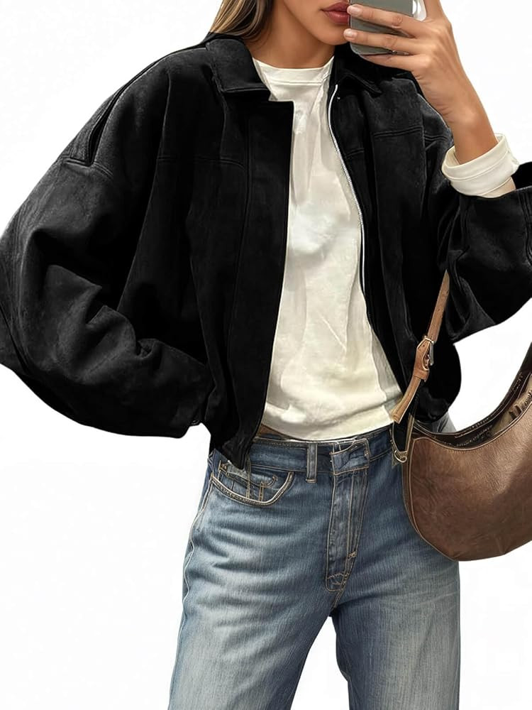 Cicy Bell Womens Faux Suede Bomber Jackets Oversized Cropped Zip Up Lapel Coats Fall Casual Outer... | Amazon (US)