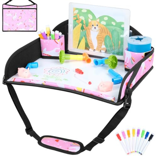 COOLBEBE Kids Travel Tray for Toddler Car Seat, Travel Tray for Airplane, Toddler Car Seat Lap Tray, Carseat Table Tray for Kids Travel Activities (Pink Unicorn) | Amazon (US)