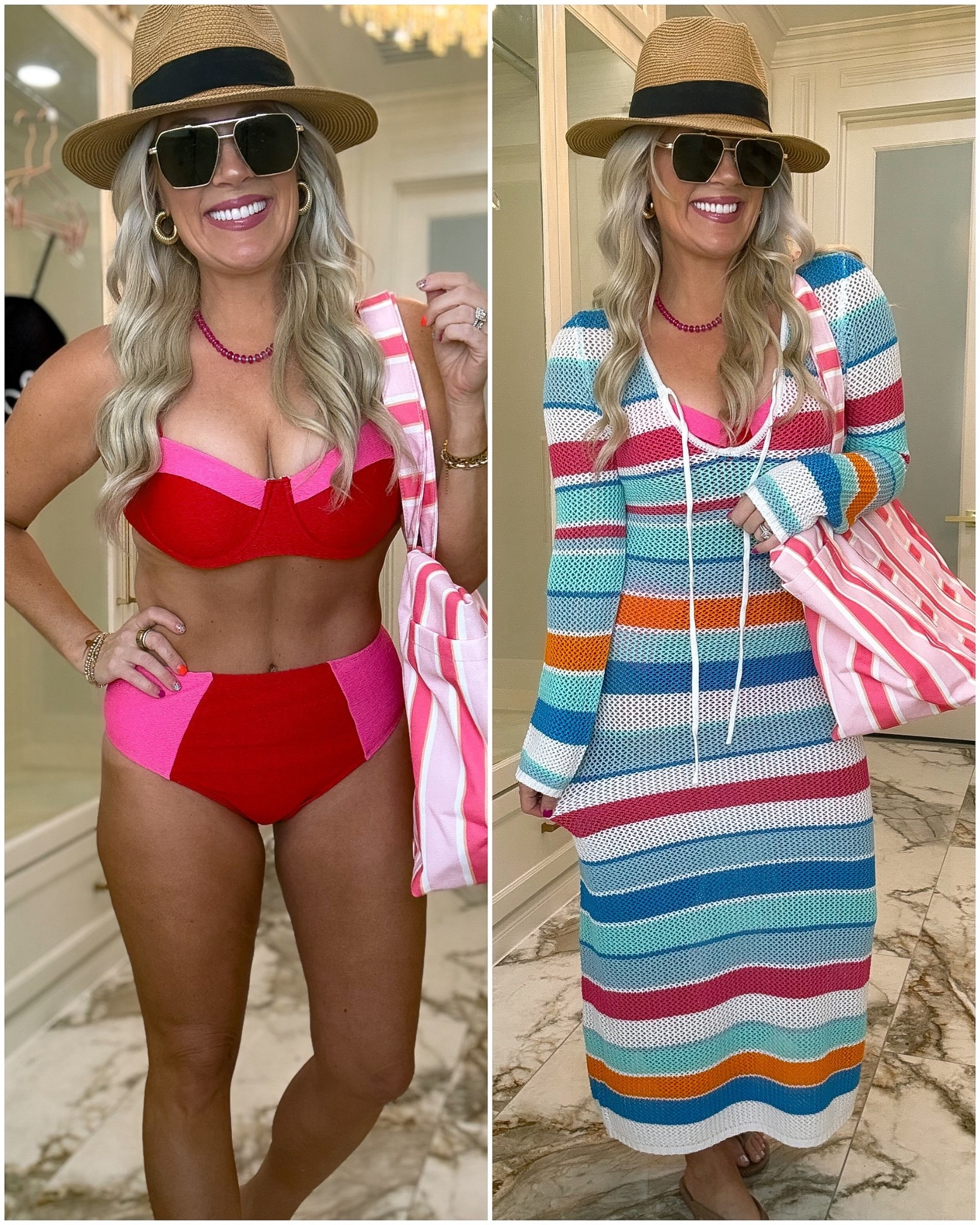 How cute is this Colorblock two piece swimsuit and this striped coverup !!! Wearing size medium , use code SEQUINSS