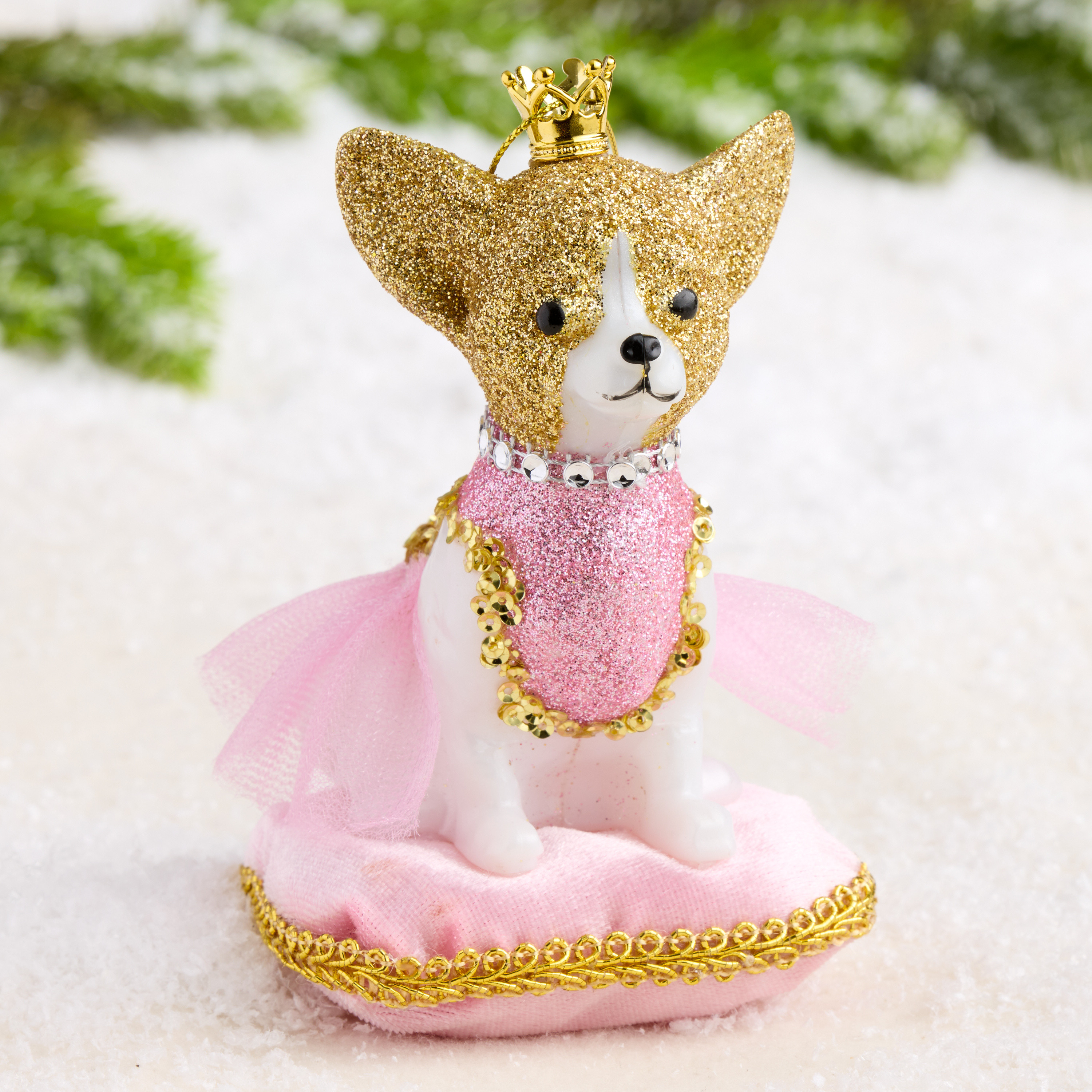 Glittered Dog with Crown on Pillow Ornament | World Market