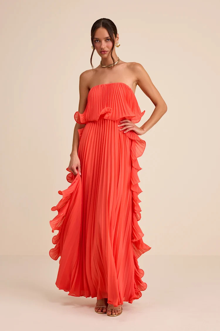 Andri Bright Orange Pleated Ruffled Maxi Dress | Lulus