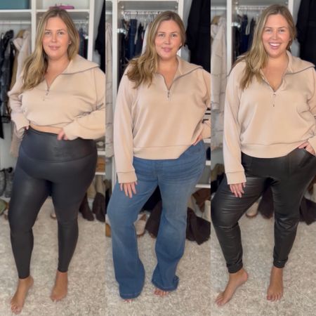 Faux leather leggings are the best and hold up for years, machine washable! Ashley wears 2x and 3x depending on the day! The Spanx denim flares are so awesome, they run true to size and they run long! The leather like joggers are 50% off today - size up if you’re unsure. I could have done the 3x but I’m in 2x and it’s fine too, just not a lot of extra room. The air essentials half zip is amazing and so soft get your regular size.

#LTKCyberweek #LTKworkwear #LTKsalealert