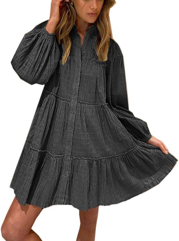 Roiii Women's Casual Long Sleeve Dress Sundress Swing Dress Tunic Dress Button Down Loose Flowy S... | Amazon (US)