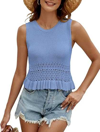CiCiBird Women Cute Crop Sweaters Vest Knit Sleeveless Pullover Tops Crochet Ruffle Hem Tank | Amazon (US)