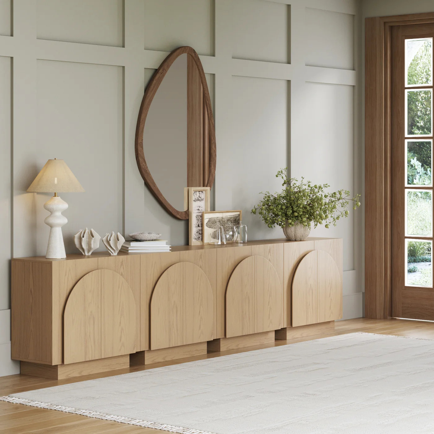 Wood Mid-Century Arched Credenza Cabinet Gray Oak (Set of 4) | Nathan James