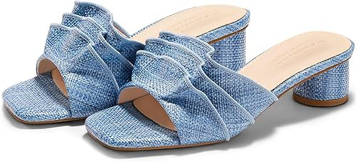 Coutgo Womens Raffia Chunky Low Heels Sandals Square Open Toe Mules Ruffle Slip On Summer Dress S... | Amazon (US)