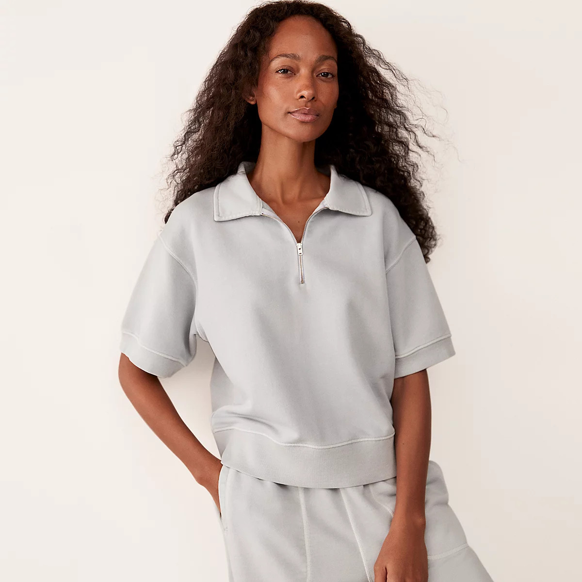 The White Company Zip Collar Short Sleeve Sweatshirt, Baby Blue, Size: S | The White Company UK & ROW