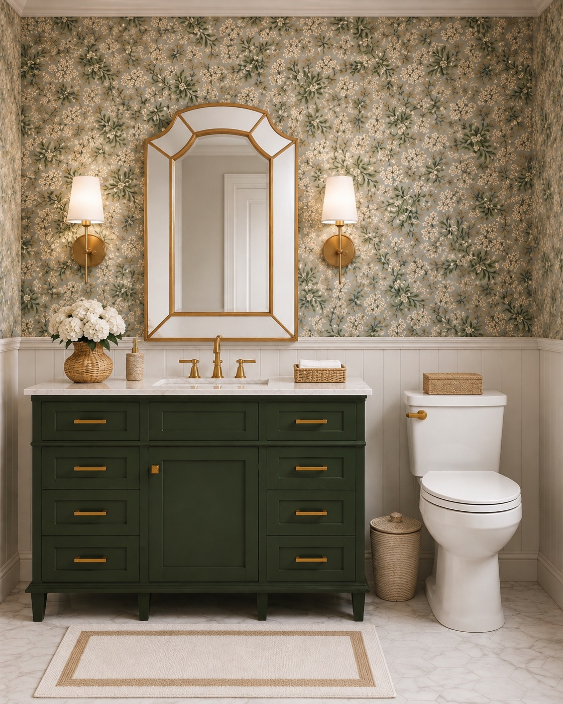 Shop this look. Similar products (not exact matches) but the same elevated and elegant look. Green vanity, gold accents, marble flooring 🙌🏻

#LTKdayinmylife #LTKHome