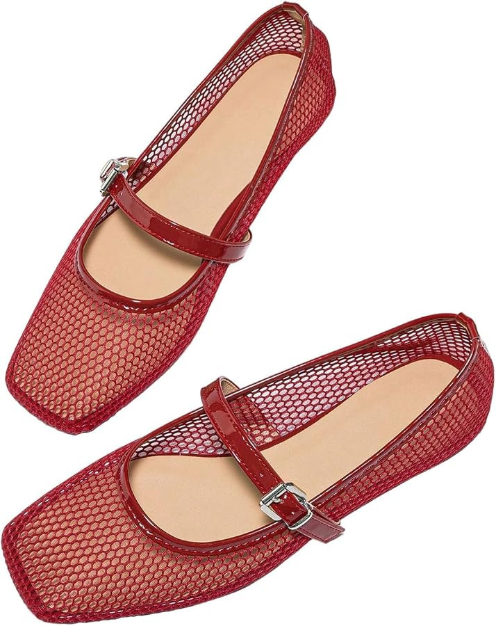 MakeMeChic Women's Lace Mesh Ballet Flats Comfortable Summer Dressy Flats Square Closed Toe Shoes | Amazon (US)