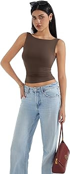 SUUKSESS Women Padded Open Back Boat Neck Tank Top Double Lined Basic Shirt | Amazon (US)