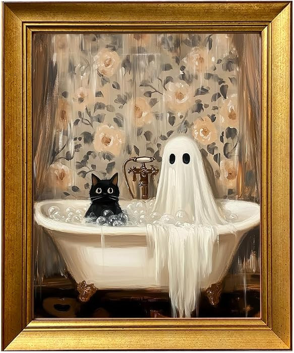 Ghost and Cat Bubble Bath Print Poster Vintage Framed Halloween Decor Spooky Halloween Bathroom W... | Amazon (US)