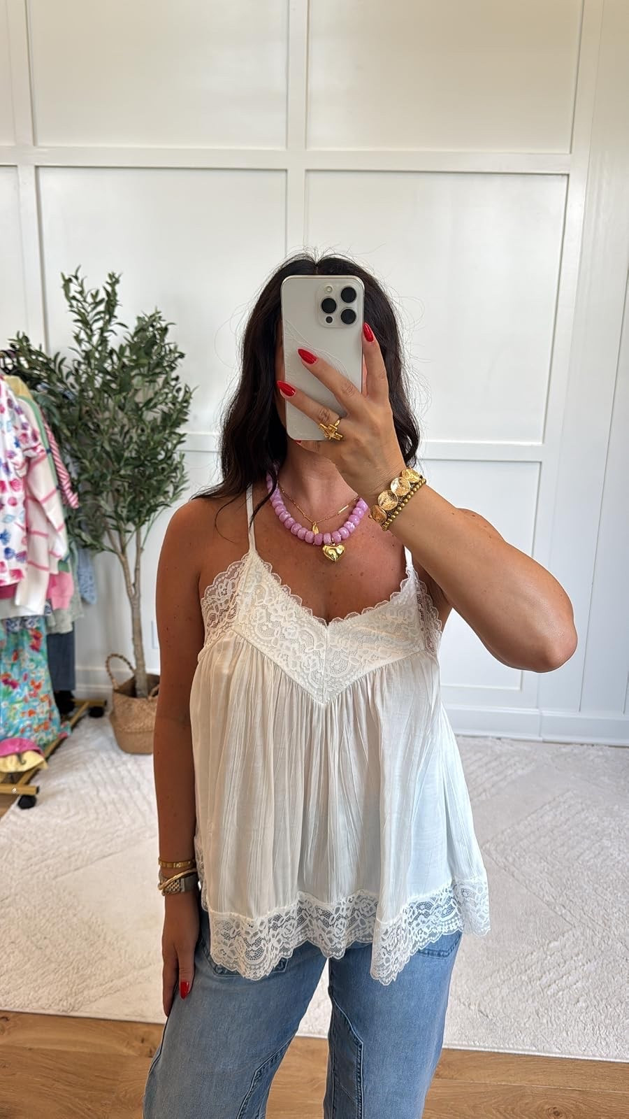 This lace cami looks so much more expensive than it is! 🤍 Feminine, flattering, and perfect layered or worn on its own. Definitely one you'll wear year-round.

#LTKgrwm #LTKmomlife #LTKootd