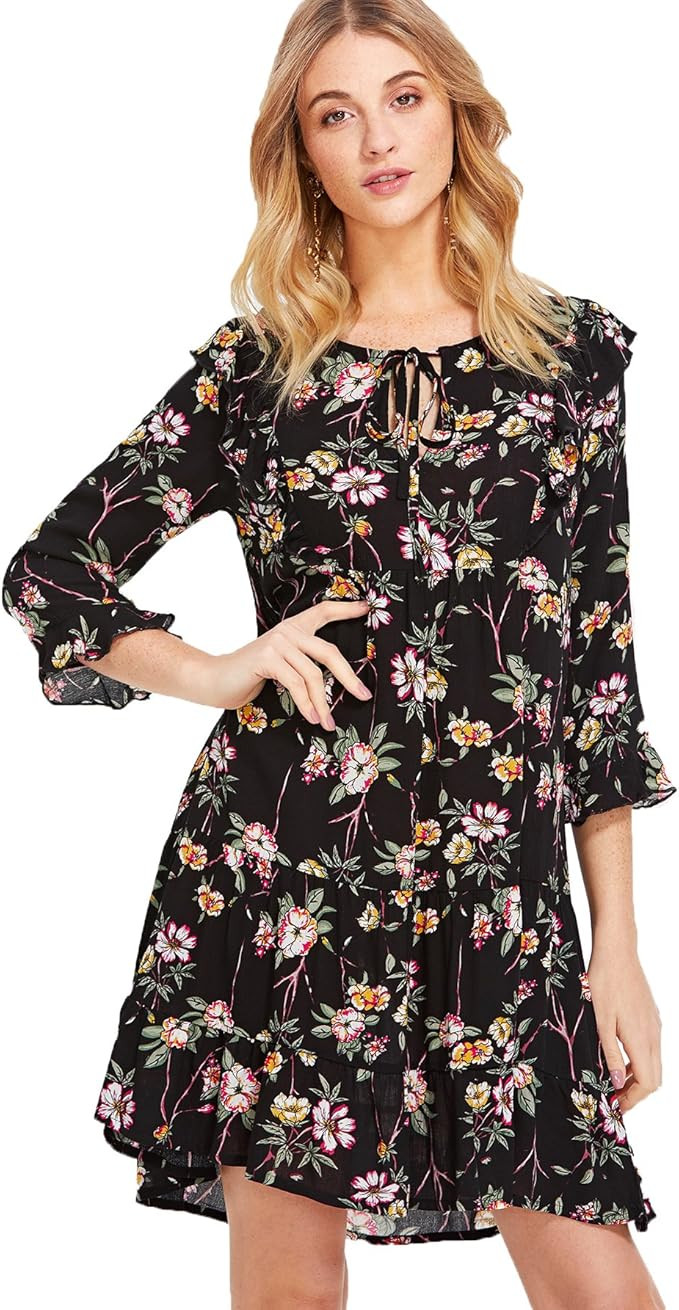 Milumia Women's Boho Floral Print Long Sleeve Loose Short Mini Tunic Dress | Amazon (US)