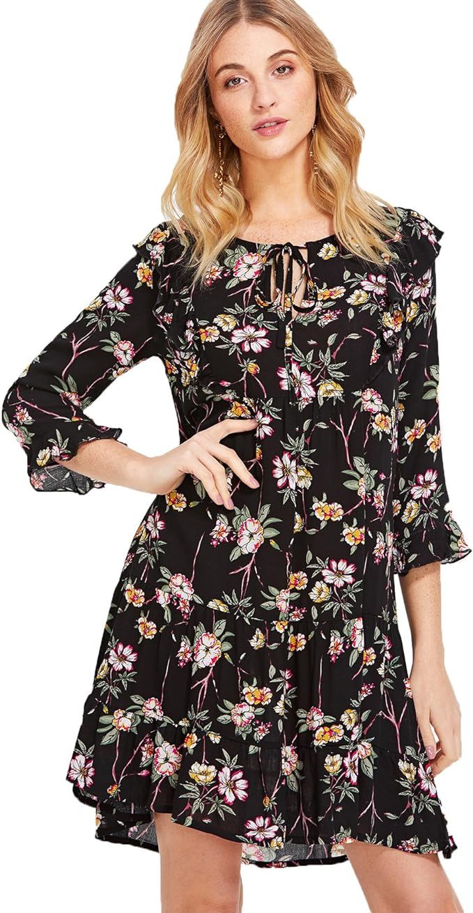 Milumia Women's Boho Floral Print Long Sleeve Loose Short Mini Tunic Dress | Amazon (US)