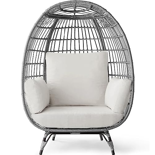 Best Choice Products Wicker Egg Chair, Oversized Indoor Outdoor Lounger for Patio, Backyard, Living Room w/ 4 Cushions, Steel Frame, 440lb Capacity - Gray/White Sand | Amazon (US)