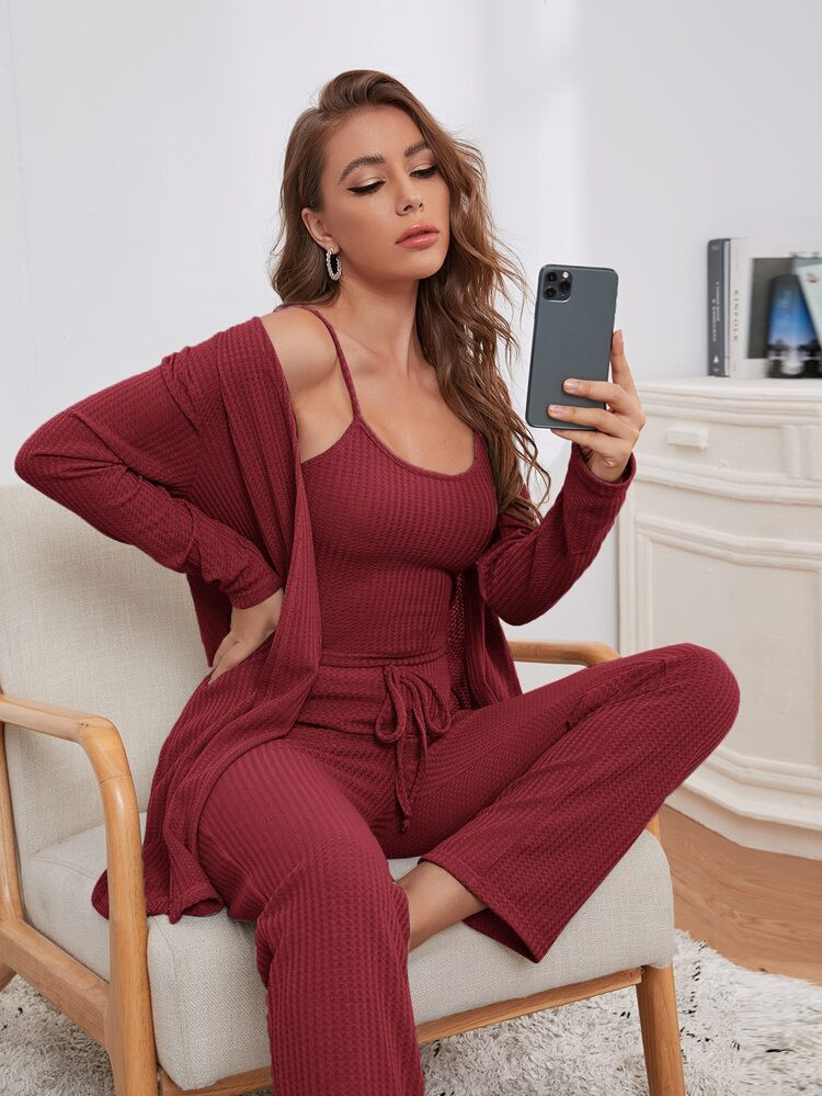 3pcs Waffle Knit Cami Top & Knot Pants & Robe PJ Set | SHEIN