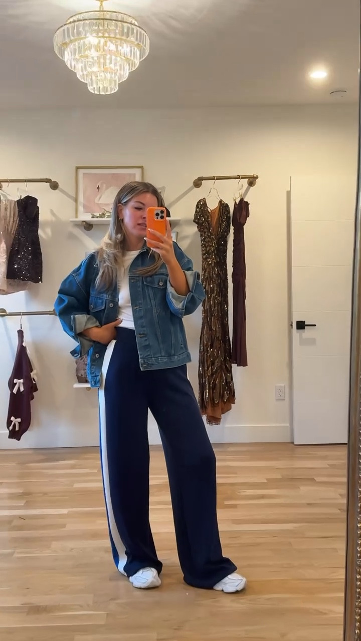 Navy track pants with white baby tee and denim jacket for my airport outfit travel look today 

Spanx code: extra10
Glow color: can’t handle the heat

Small tall in pants and jacket xs in baby tee

Airport
Travel look
Track pant
Denim jacket
Cozy comfy
Loungewear
Fall transitional
Nighty


#LTKFindsUnder100 #LTKTravel #LTKSeasonal