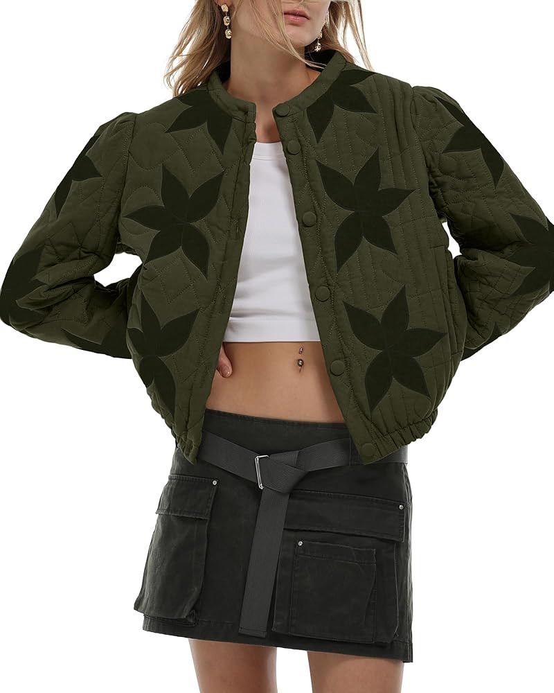 Gacaky Women's Lightweight Floral Embroidered Cropped Quilted Jacket Winter Warm Button Down Puff... | Amazon (US)